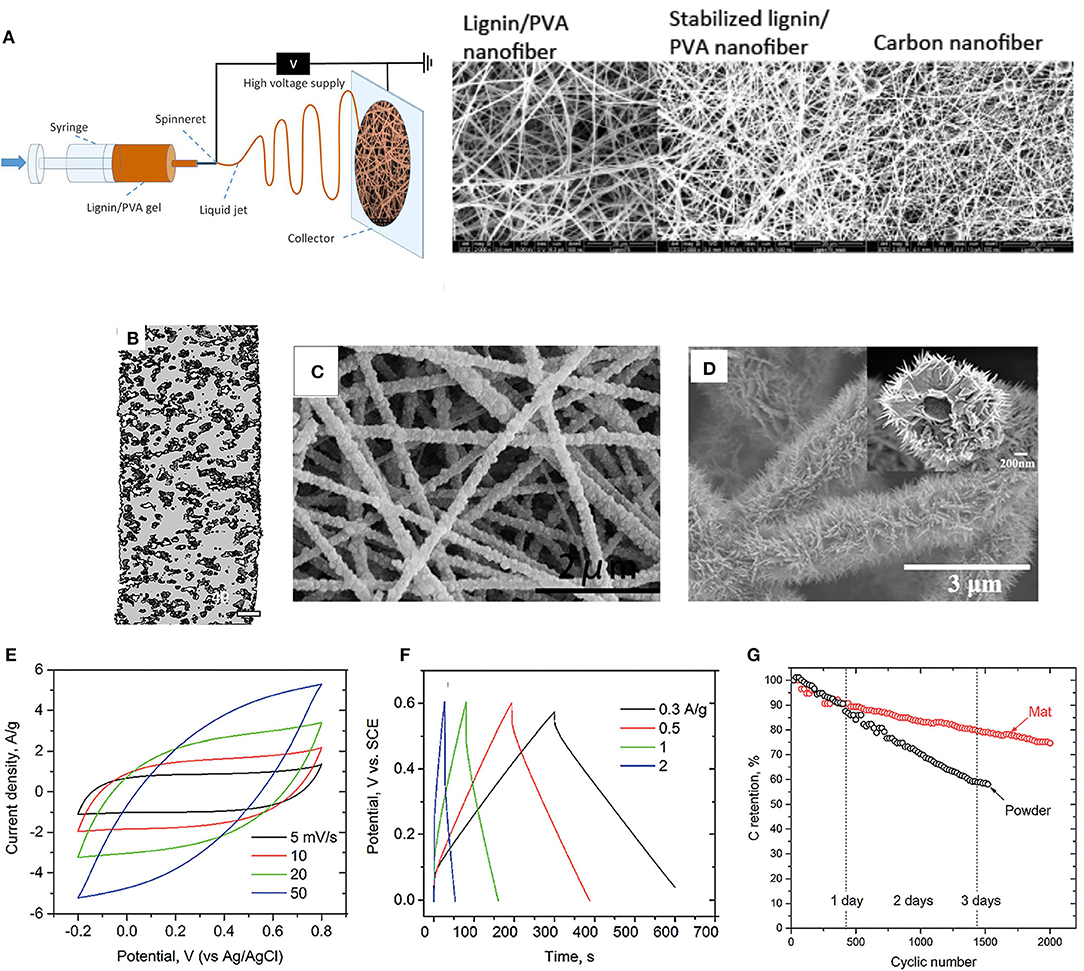 (A) Schematic of electrospinning of the lignin/PVA suspension (75/25) and e...