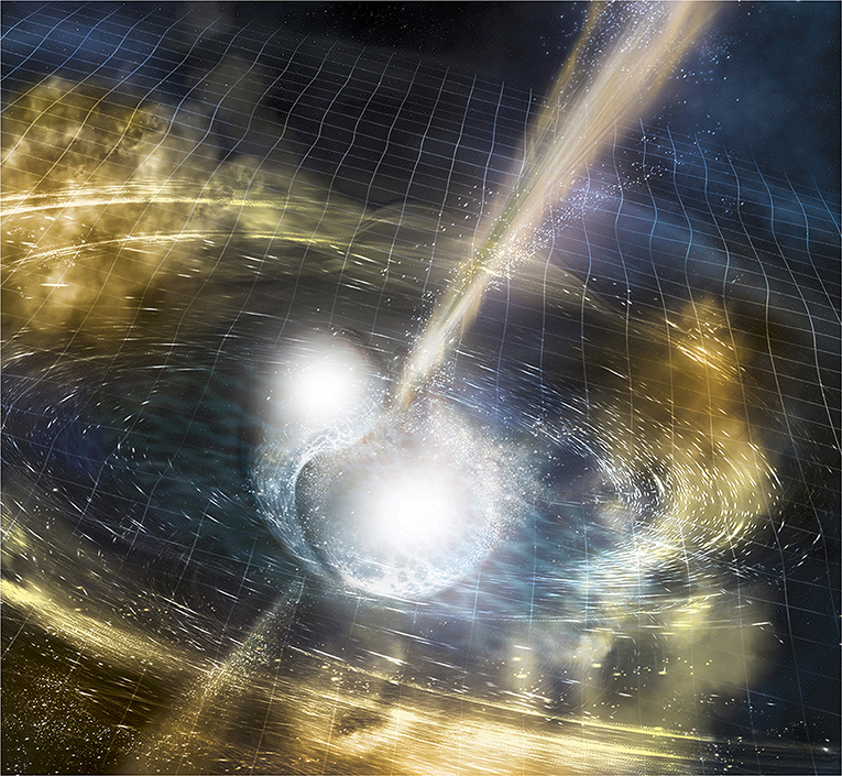 Figure 1 - Artist's illustration of the collision of two neutron stars, shown after they have collided in the center of the picture.