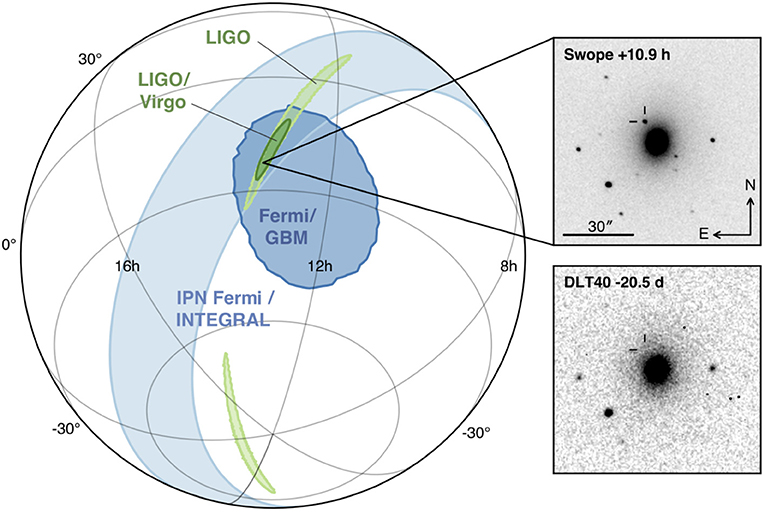 Figure 2 - To find the galaxy where the neutron stars collided, scientists combined the information from LIGO and Virgo, from Fermi, and from telescopes.
