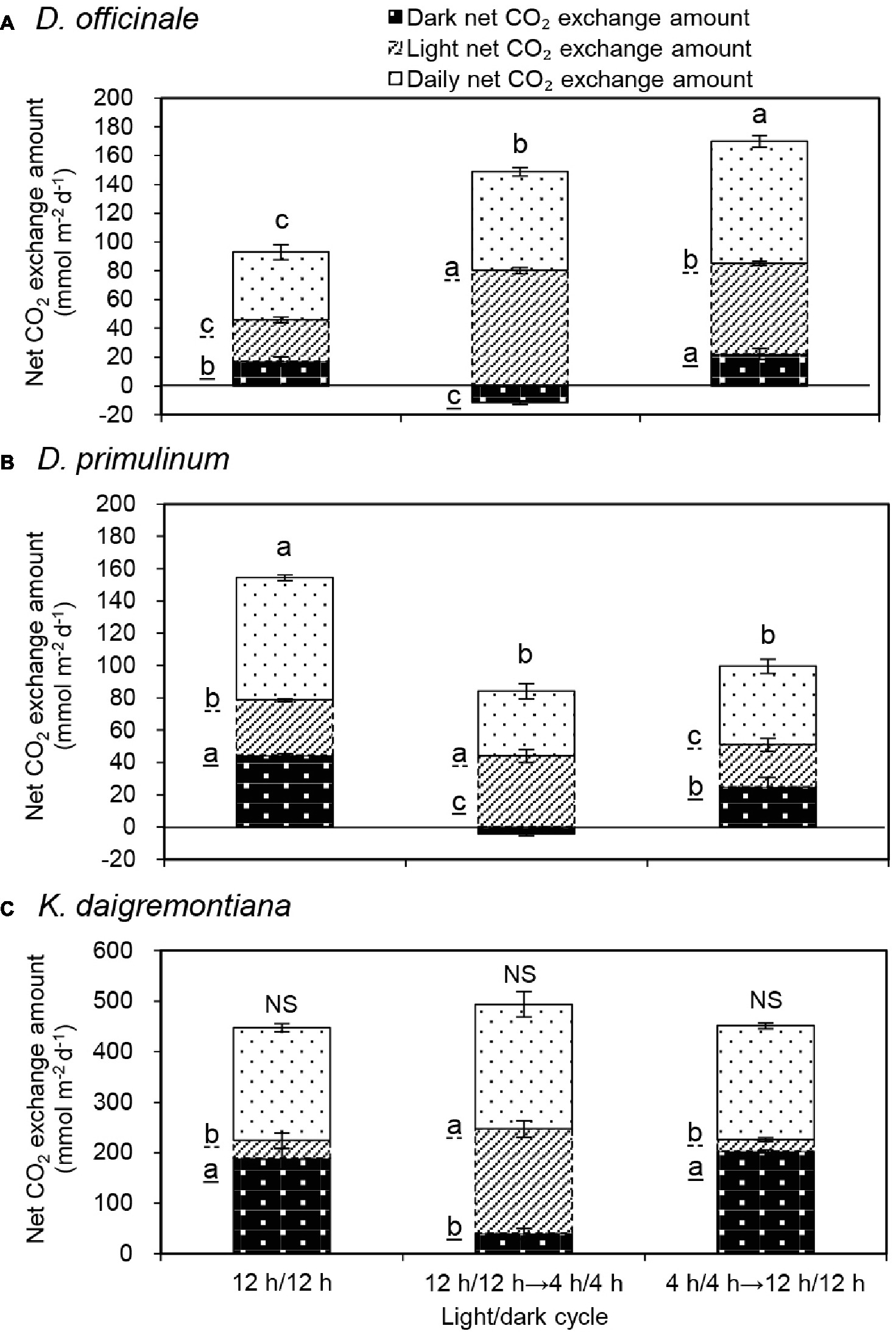 Frontiers | Effect of Light/Dark Cycle on Photosynthetic Pathway Switching CO2 Absorption in Two Dendrobium Species