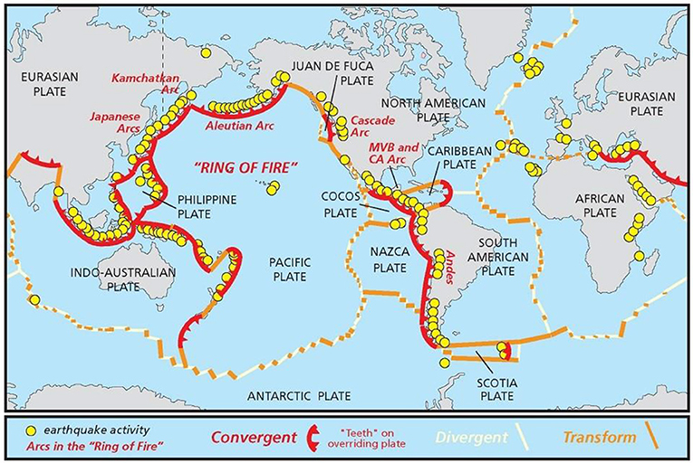 Figure 1 - A world map showing tectonic plates and plate boundaries.