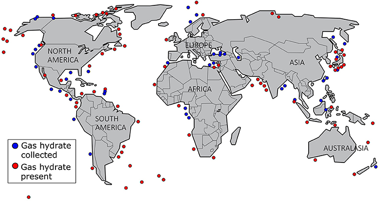 Figure 2 - Locations where we have identified gas hydrates using seismic or well data (red circles), and where we have collected gas hydrates from samples (blue circles) [1, 3].