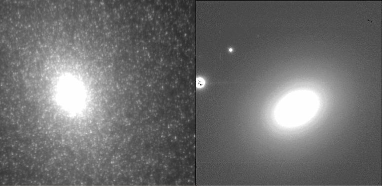 Figura 1 - A imagem à esquerda é a galáxia M32, que fica bem ao lado da galáxia de Andrômeda e está a 0,77 megaparsecs (Mpc), ou 770.000 parsecs de distância.