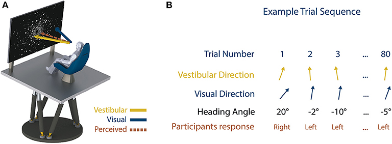 Figure 2 - (A) Experiment setup; motion platform and visual display.