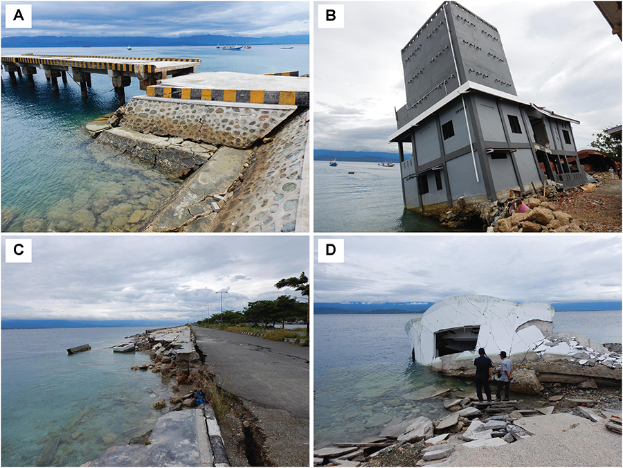 Danni causati da tsunami (A, C e D) e dalla liquefazione dei suoli (B) osservati nella citt&agrave; di Donggala. Credit: Goda et al. (2019) / Frontiers in Earth Science.