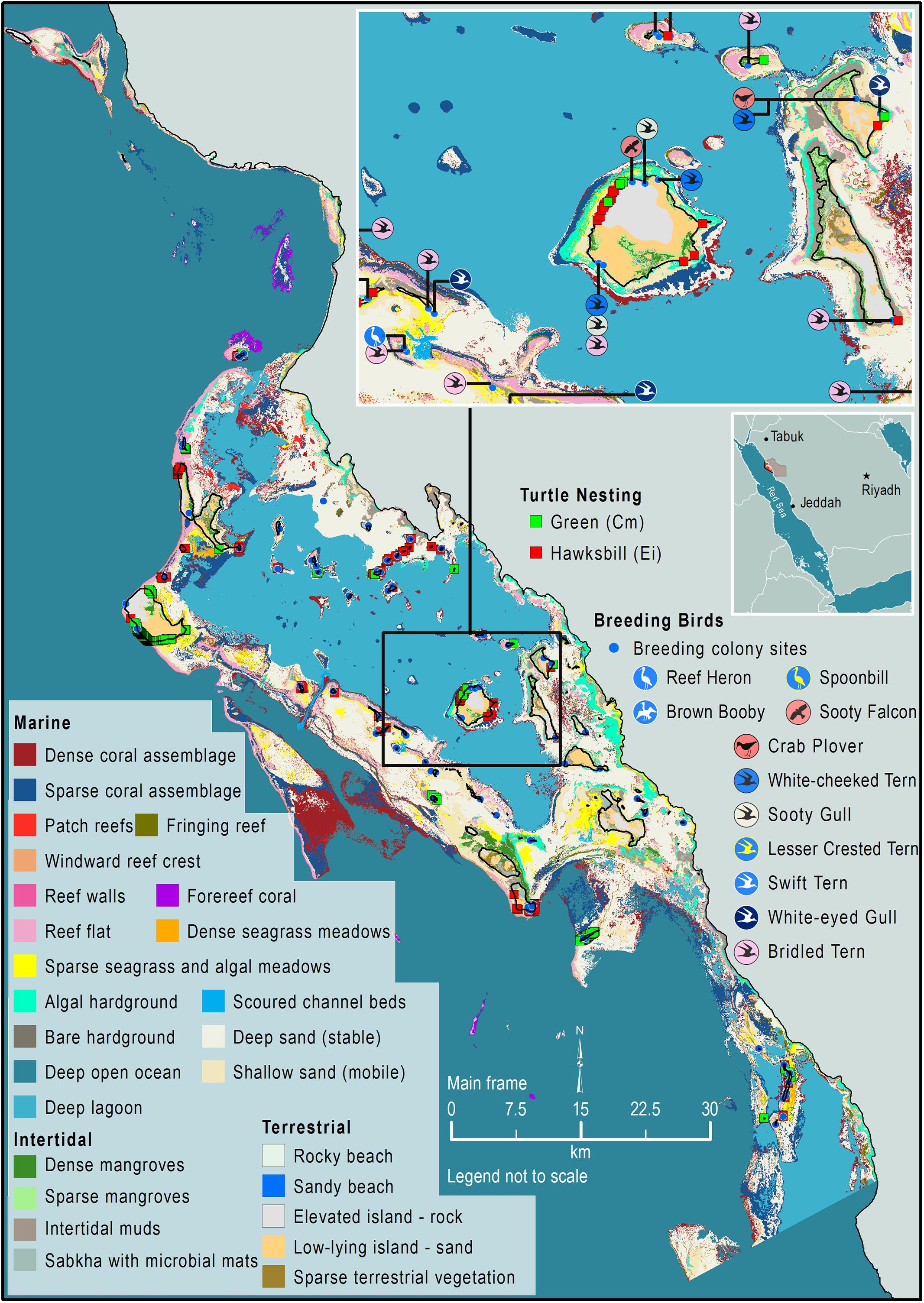 Map of the study area with location of the sites with red coral (red