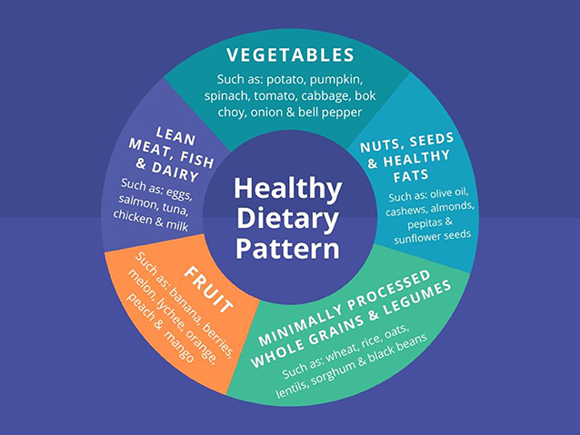 Figure 2 - A typical healthy dietary pattern includes vegetables, fruit, whole grains, lean meats, dairy, and healthy fats.