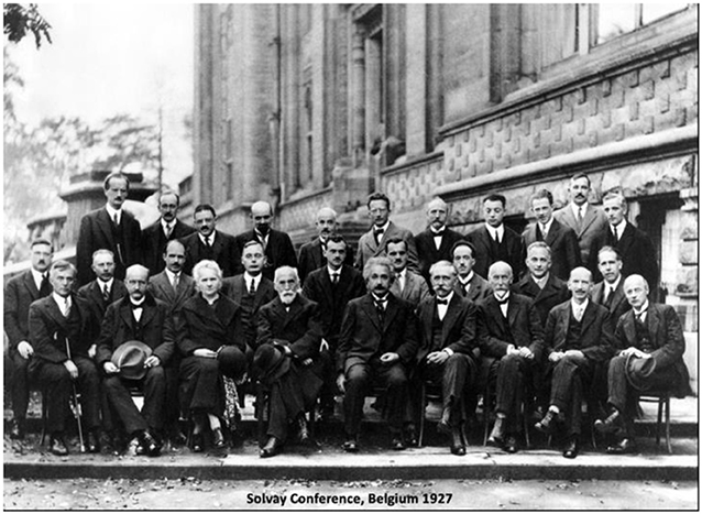 Figure 2 - Attendees of the 1927 Solvay Conference in Belgium, a prestigious meeting of scientists that included Albert Einstein, Erwin Schrodinger, and Marie Curie (front row, second from left).