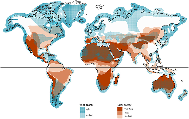 Figure 1 - The potential for harnessing solar or wind energy varies for different regions in the world.