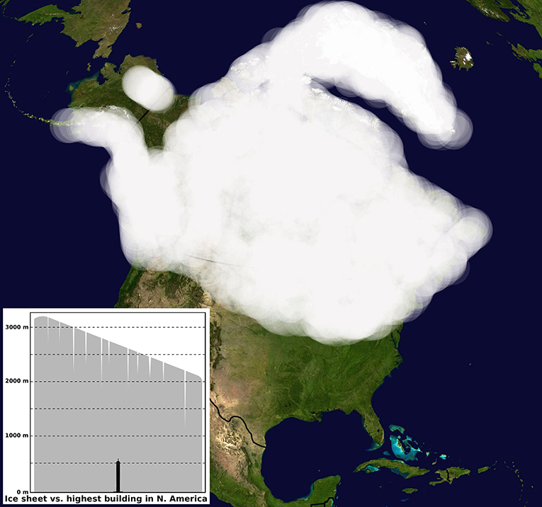 איור 1 - השתרעות משוערת של יריעת הקרח בחלק הצפוני של צפון אמריקה במהלך תקופת הקרחונים האחרונה.