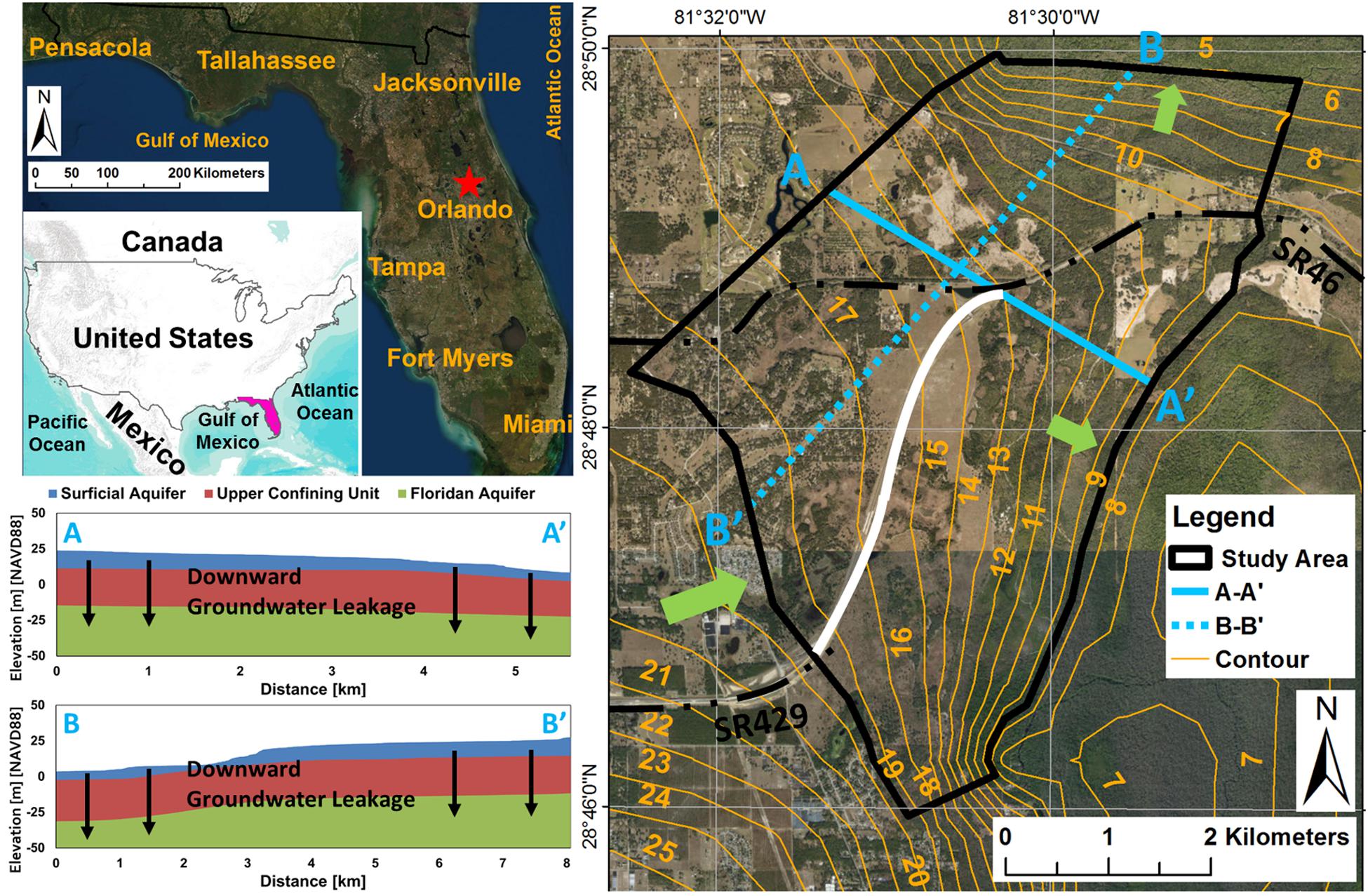 Figure 1. Location of the study area and cross-sections A–A' and B–B&a...