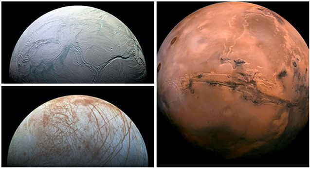 شكل 3 - الأهداف الرئيسية الحالية لأبحاث علم الأحياء الفلكي التي تُجرى على نظامنا الشمسي؛ وهي قمر إنسيلادوس (أعلى اليسار)، وقمر يوروبا (أسفل اليسار)، وكوكب المريخ (على اليمين).