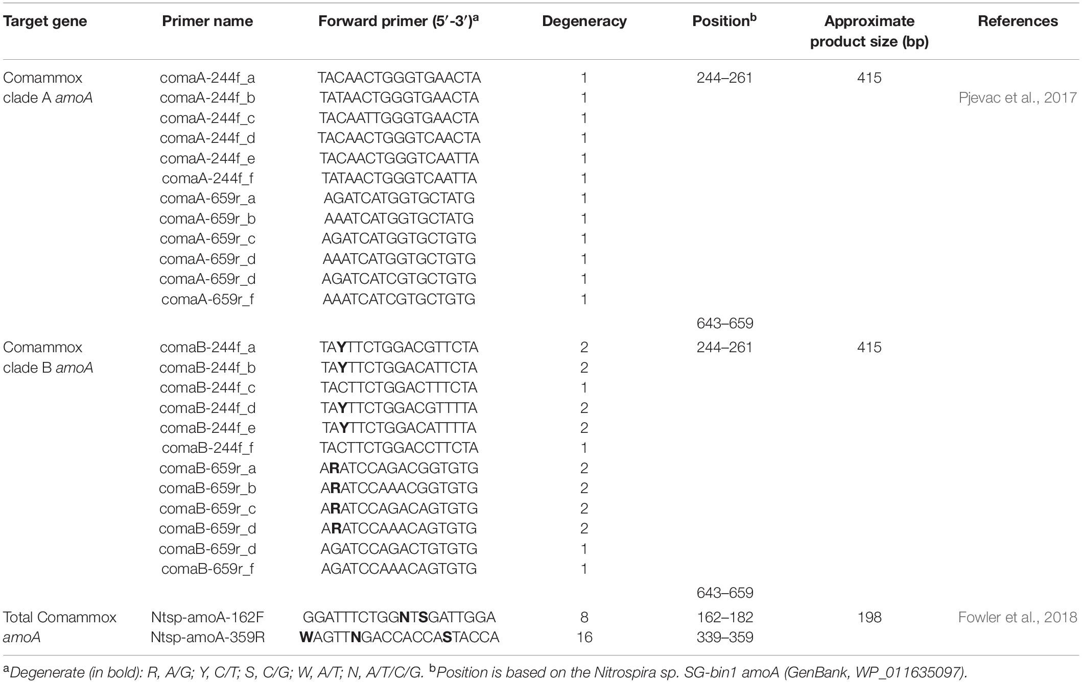 Frontiers Evaluation Of Two Primer Sets For Amplification Of Comammox Nitrospira Amoa Genes In Wetland Soils Microbiology