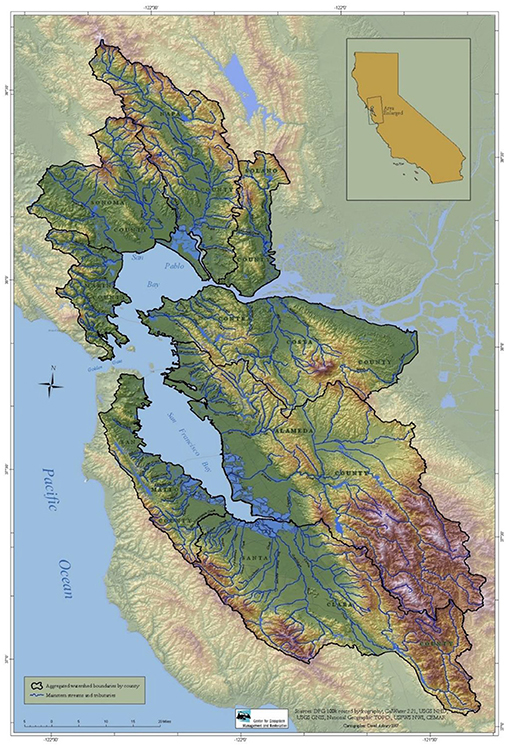 Figure 2 - Map of the San Francisco Estuary and Bay Watersheds (darker-colored areas highlighted in black) from the Sacramento-San Joaquin Delta to the Pacific Ocean near San Francisco, California (Permission for use granted to the author.