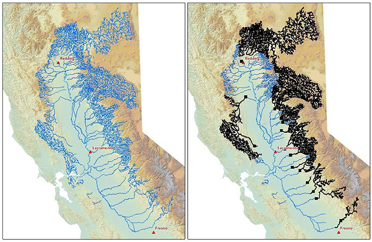 Figure 3 - The blue lines represent the habitat that was previously available to salmonids in the California Central Valley.