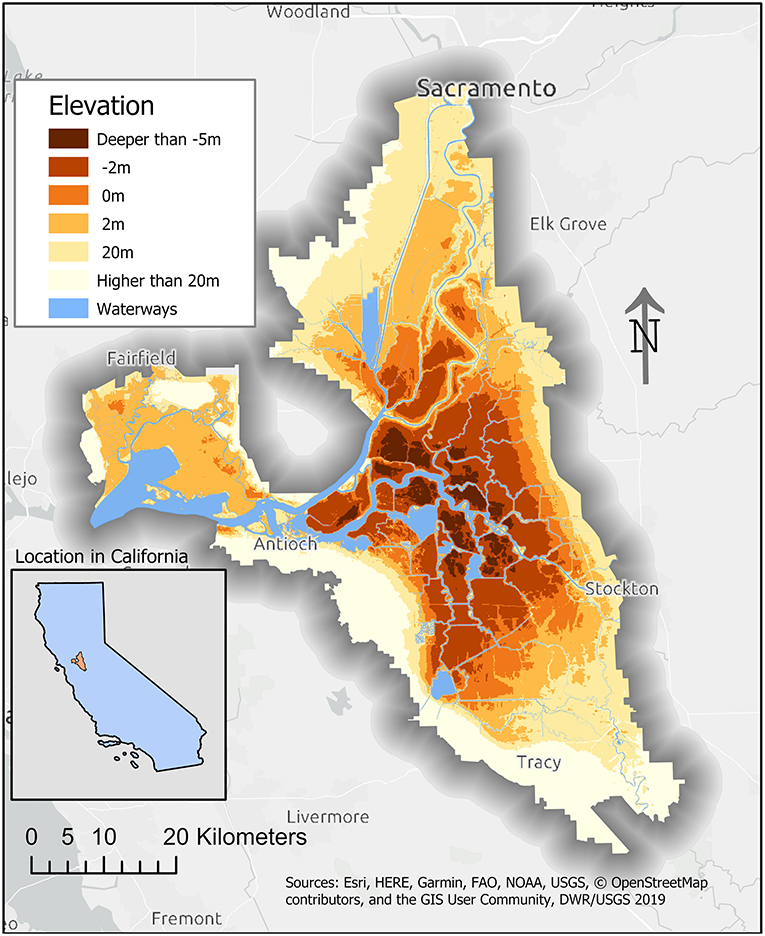 图1——这在萨克拉门托-圣华金三角洲地区海拔地图显示了沉降发生的地方。