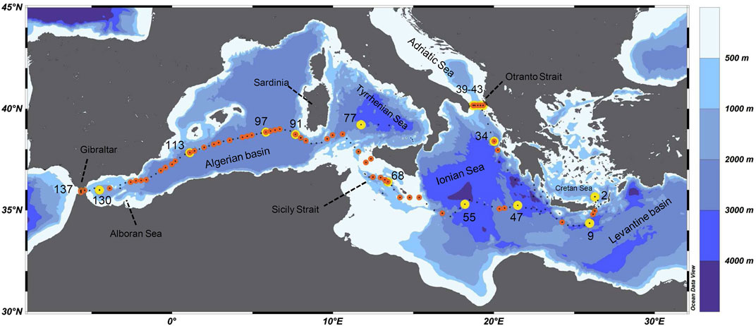 Map of the Mediterranean Sea indicating the sampled localities, coded