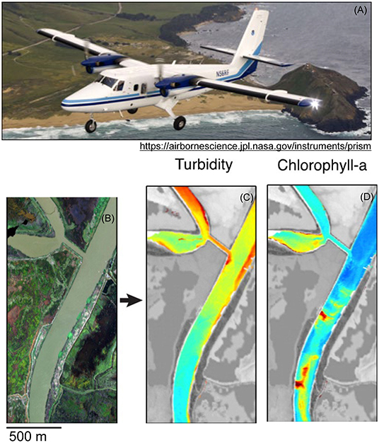 Figure 1 - (A) Remote sensing imagery of turbidity and chlorophyll-a was measured using an airplane.