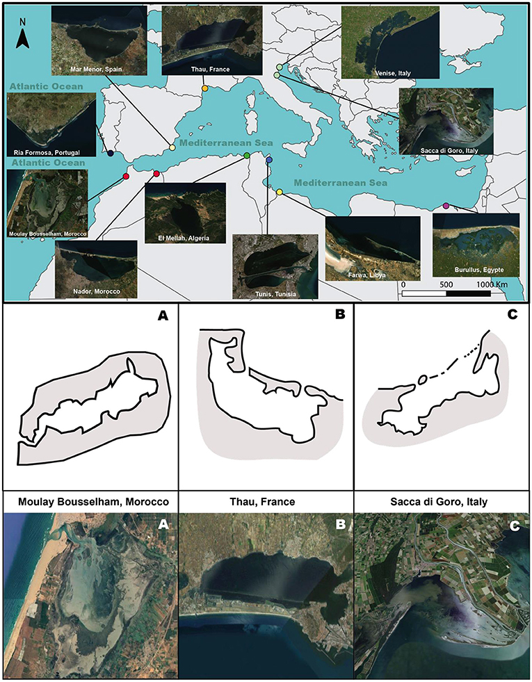 Figure 2 - In the top panel, you can see the locations of some lagoons in Southern Europe and North Africa.