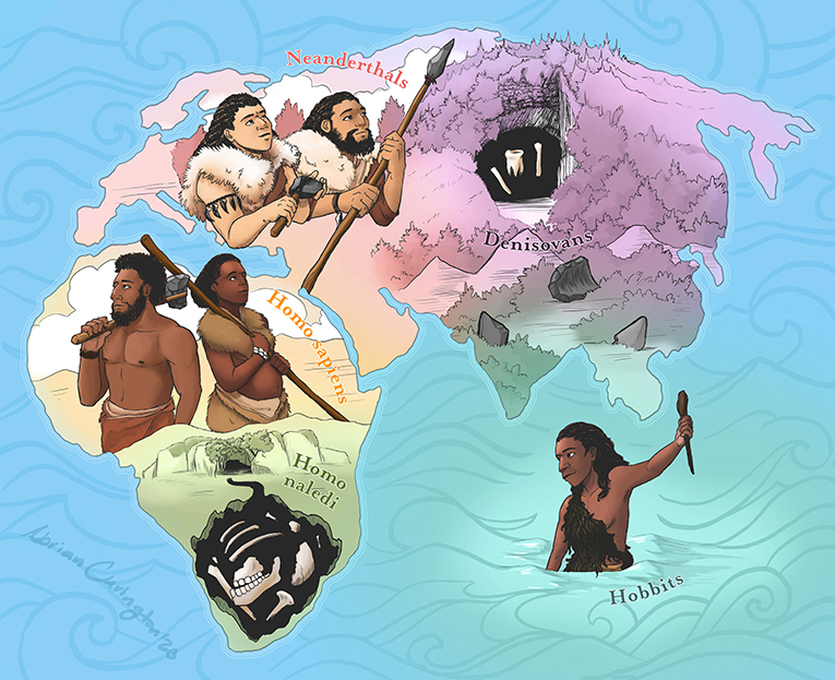 Figure 1 - A map of the world where humans and our relatives lived between 300 and 100 thousand years ago, based on fossil evidence.