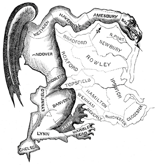 Figure 1 - This political cartoon, drawn by Elkanah Tisdale and published in the Boston Gazette in 1812, added claws, wings, and teeth to the oddly shaped district that wrapped around the western and northern boundaries of the electoral region in Massachusetts.