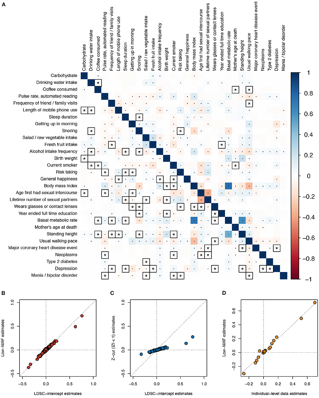 Estimates of phenotypic correlations of loge-transformed