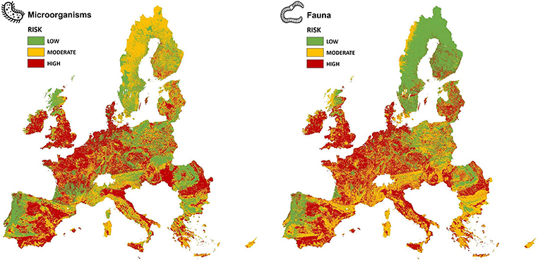 Figure 2 - Maps of risk to soil microorganisms and fauna in 27 countries of the European Union, based on data collected from 2016.