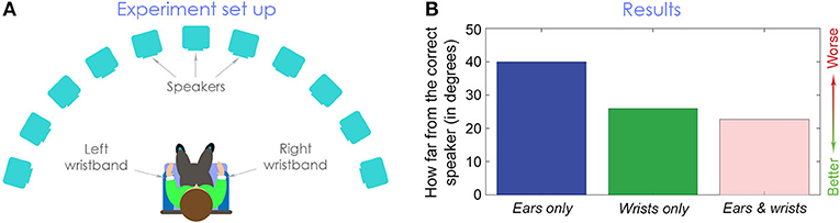Figure 2 - (A) In our experiment, a volunteer sits in a chair with vibrating wristbands on each wrist and with speakers in a semicircle around them.