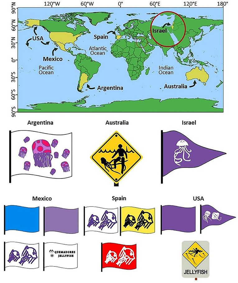 Figure 3 - Warning signs to indicate the presence of dangerous medusozoans on beaches in Argentina, Australia, Israel, Mexico, Spain, and the United States (Artwork: Mariae C. Estrada-González).
