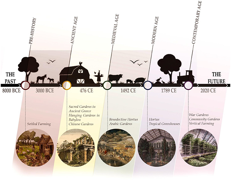 Figure 1 - History of urban agriculture, from 8000 BCE (before the current era) to 2020 CE (current era).