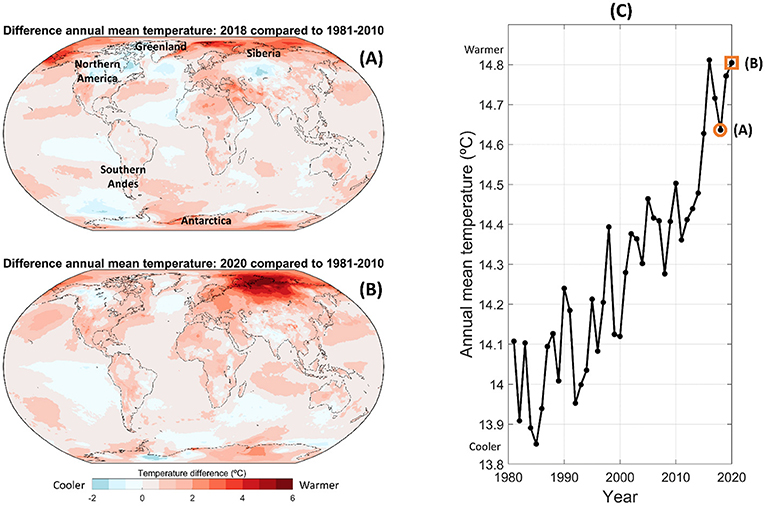 Figure 1 - (A) Difference in average air temperature between 2018 and the years 1981–2010.