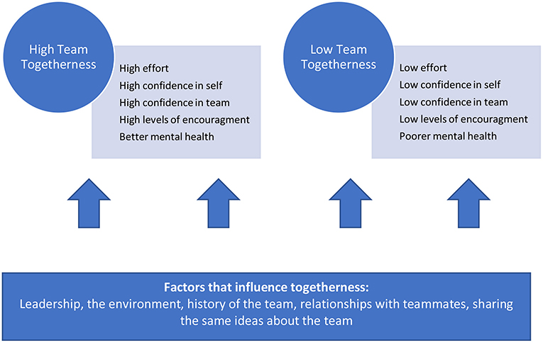 Figure 2 - The positive and negative outcomes of teams with high vs. low togetherness and the factors that influence levels of togetherness.