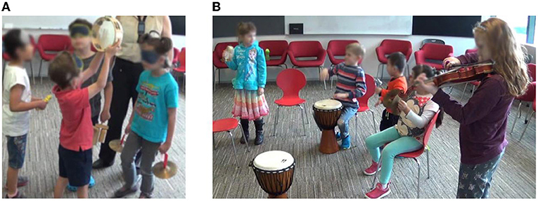 Figure 3 - The music training that the children in our experiment received included (A) playing and listening to percussion with blindfolds on, and (B) playing together as a band.