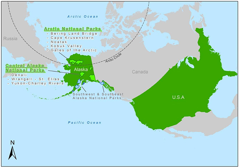 Figure 1 - Alaska is a large state with large national parks! We took a close look at temperatures in the northern Alaska parks, including the parks in the Arctic and in central Alaska (the parks in light green).
