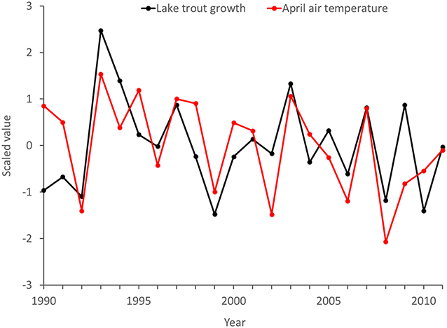 Figure 2 - Our master growth record (black line) compared with average April air temperature (red line) for years 1990–2011.