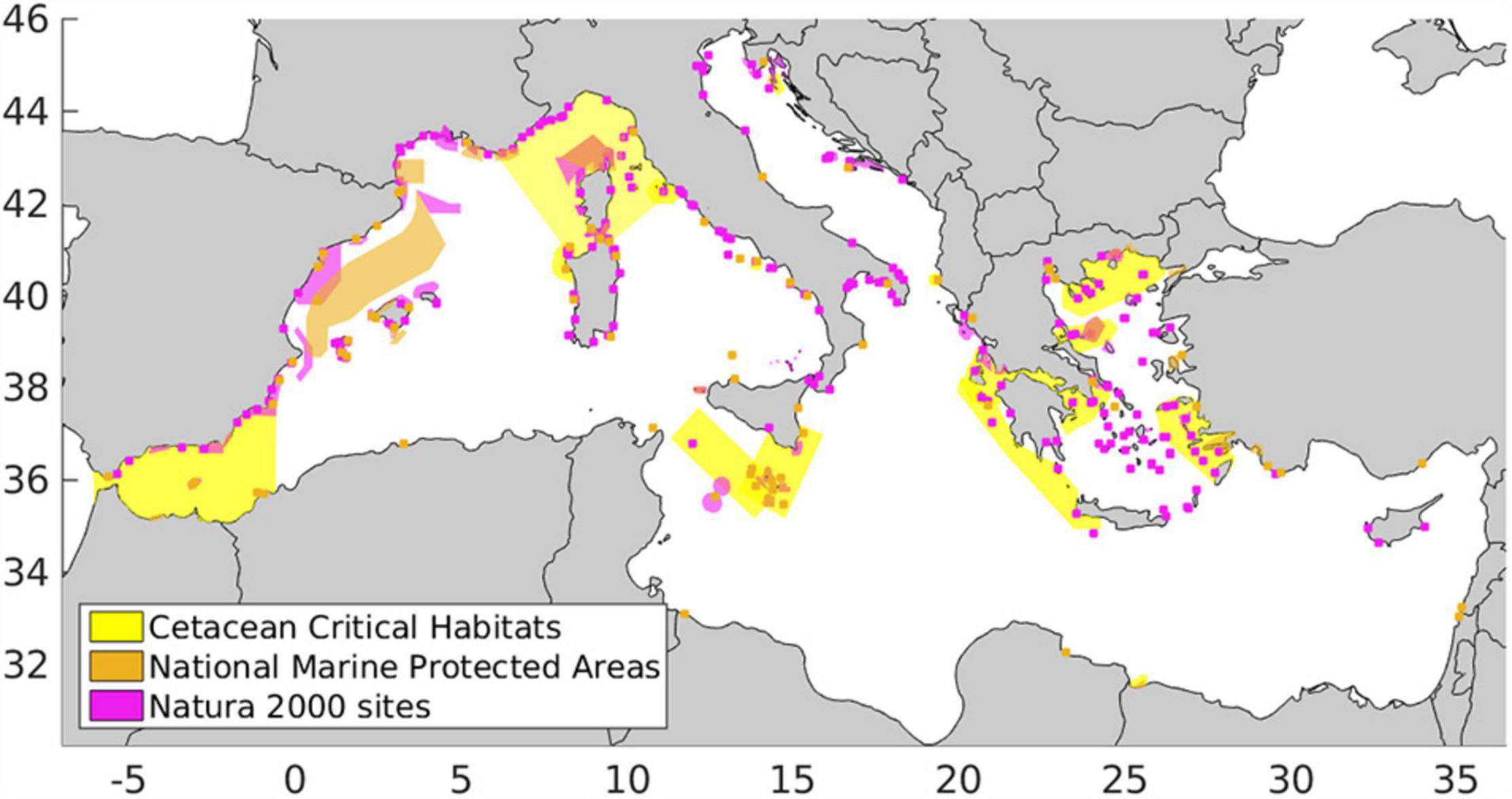 Map of the Mediterranean Sea indicating the sampled localities, coded