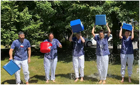 Figure 3 - Members of the Department of Clinical Neuroscience at Karolinska Institutet and the Neurobiology Department at Karolinska Sjukhuset complete the ALS Ice Bucket Challenge to raise awareness for ALS.