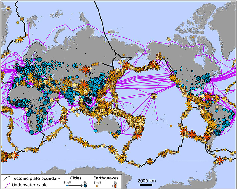 Figure 1 - This map of the world shows underwater cables (purple lines) and tectonic plate boundaries (black lines).