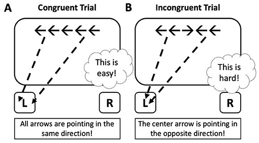 Figure 2 - (A) On the flanker task, students had to press the left button if the center arrow was pointing to the left.