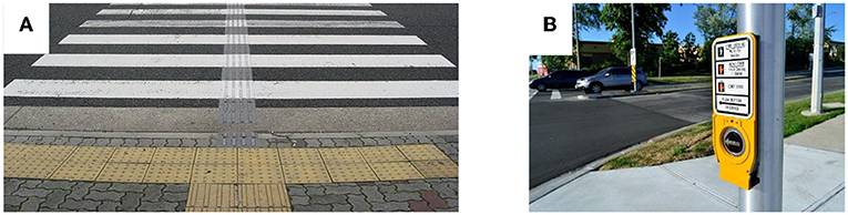 Figure 2 - (A) Tactile pavement on and before a pedestrian crossing.