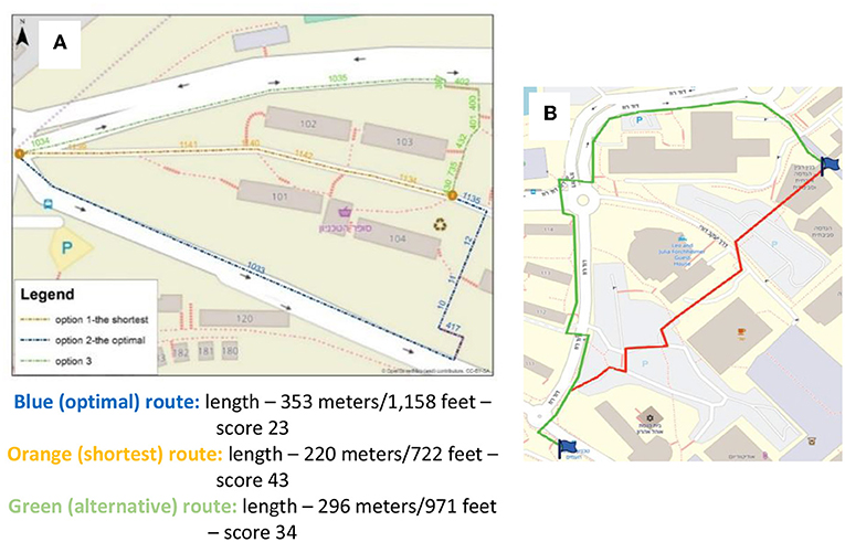 Figure 3 - (A) Three alternative routes from the Technion campus’s main entrance to the student dormitories.
