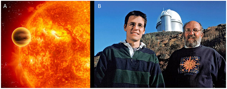 Figure 4 - (A) An artistic representation of 51 Pegasi b exoplanet (small sphere) and the star it orbits, the 51 Pegasi star.