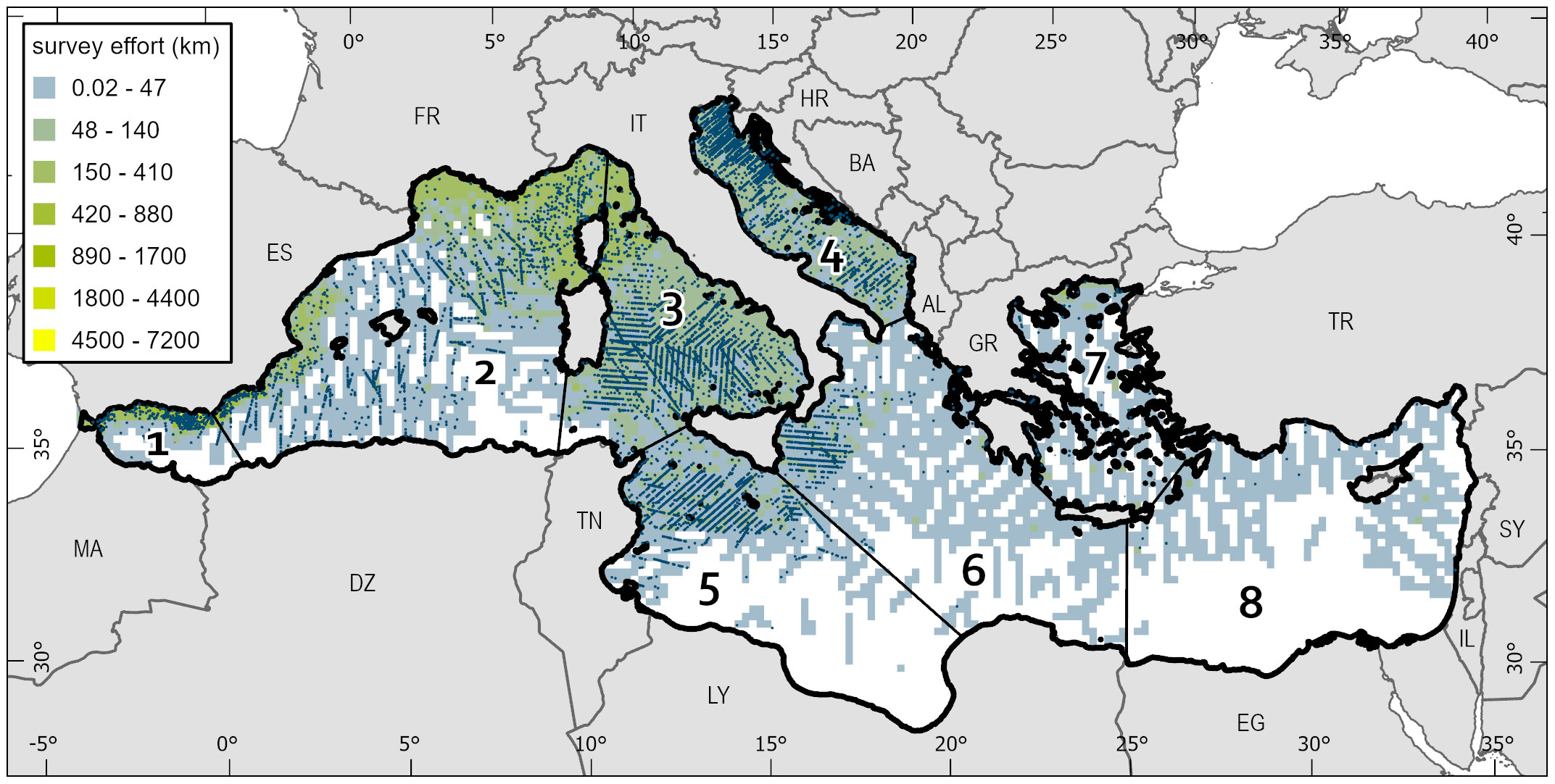 Map of the Mediterranean Sea indicating the sampled localities, coded