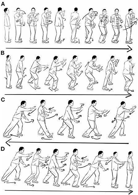 Illustration of five tai chi movements. (A) Brush Knee and Twist Steps;