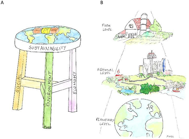 Figure 1 - (A) Sustainability has three main components: the environment, people’s daily lives, the economy.