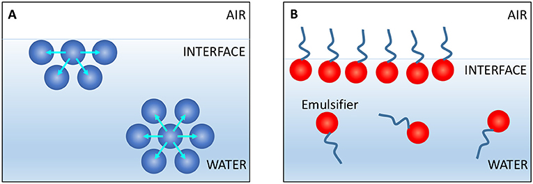 Figure 3 - (A) Water molecules (blue spheres) like to be surrounded by other water molecules, but those at the air-water interface are partly surrounded by air.